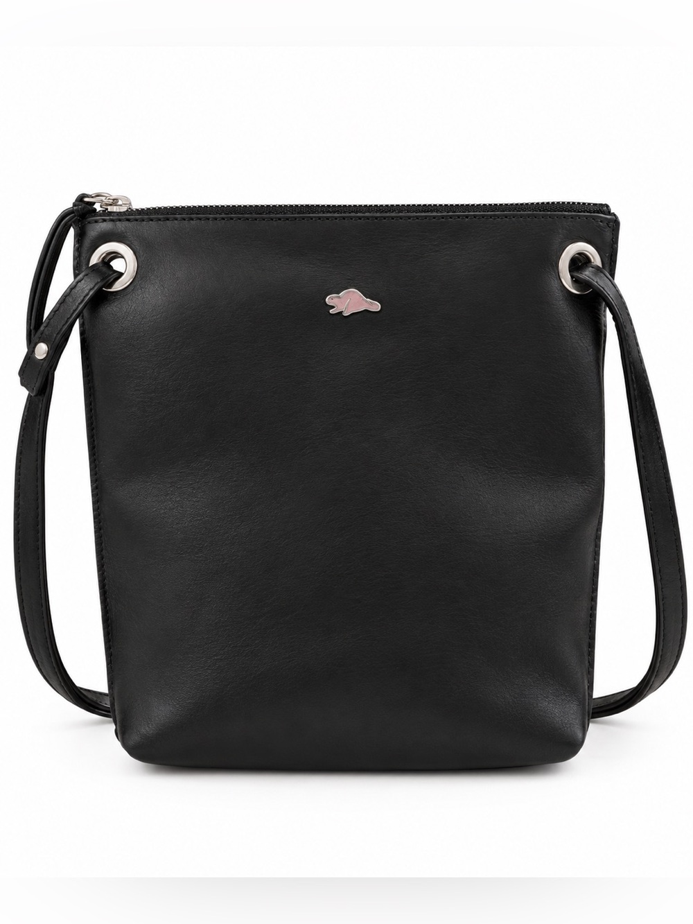 Roots Black Leather Tribe Tall Edie Messenger Crossbody Bag with Silver Beaver